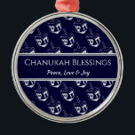 CHANUKAH BLESSINGS Customised | Dreidel GRAY Metal Ornament<br><div class="desc">Stylish, elegant ornament for your HANUKKAH decor. Design shows a SILVER GRAY dreidel print in a tiled pattern with customisable placeholder text which you can replace with your own choice of greeting and text. The colour scheme is midnight blue and SILVER GRAY. Other versions are available. Matching items can be...</div>