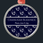 CHANUKAH BLESSINGS Customised | Dreidel GRAY Metal Ornament<br><div class="desc">Stylish, elegant ornament for your HANUKKAH decor. Design shows a SILVER GRAY dreidel print in a tiled pattern with customisable placeholder text which you can replace with your own choice of greeting and text. The colour scheme is midnight blue and SILVER GRAY. Other versions are available. Matching items can be...</div>