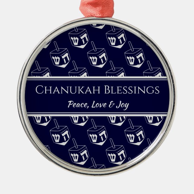 CHANUKAH BLESSINGS Customised | Dreidel GRAY Metal Ornament (Front)
