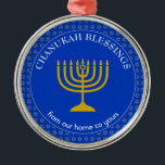 CHANUKAH BLESSINGS | Menorah | Hanukkah Metal Ornament<br><div class="desc">Stylish Cobalt Blue CHANUKAH BLESSINGS Metal Ornament with faux silver Star of David in a tiled pattern in the background, and a faux gold menorah at the centre. The text reads CHANUKAH BLESSINGS FROM OUR HOME TO YOURS and is CUSTOMIZABLE, so you can amend the message as desired, or replace...</div>