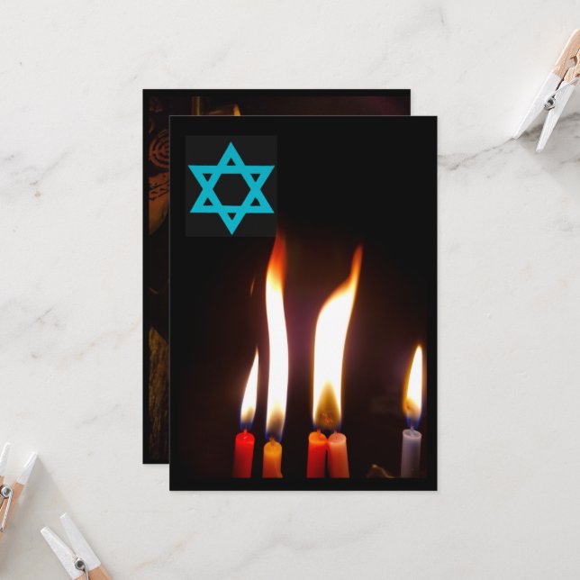 Chanukah candle flames, Star of David Invitation (Front/Back In Situ)