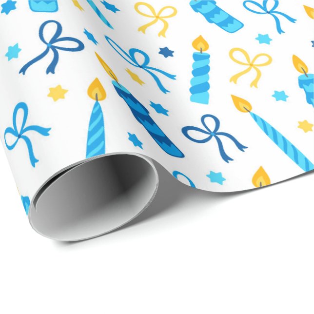 Chanukah Candles Burning White Blue Gold Wrapping Paper (Roll Corner)
