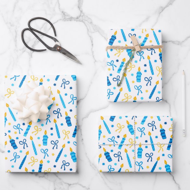 Chanukah Candles Burning White Blue Gold Wrapping Paper Sheet (Front)