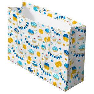 Chanukah Dreidels Doughnuts Gold Blue White Large Gift Bag