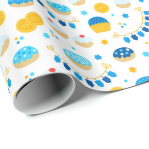 Chanukah Dreidels Doughnuts Gold Blue White Wrapping Paper