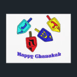 Chanukah Dreidels Postcard<br><div class="desc">A Happy Chanukah gift featuring 4 dreidels with Hebrew letters which represent A Great Miracle Happened There!</div>