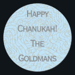 Chanukah "Dreidels/Stars/Blue" Stickers Round<br><div class="desc">Chanukah/Hanukkah "Dreidels and Stars/Blue" Stickers Round. Silver and Gold "Dreidels and Stars" Have fun using these stickers as cake toppers, gift tags, favour bag closures, or whatever rocks your festivities! Personalise by deleting "Happy Chanukah The Goldmans" and adding your own words, using your favourite font style, size, and colour. The...</div>