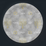 Chanukah Elegant Gold Silver Menorahs Stars Paper Plate<br><div class="desc">Chanukah Elegant Gold and Silver Menorahs and Stars. Just pretty! Thanks for stopping and shopping by. Much appreciated! Happy Chanukah/Hanukkah! Size and Style: 9" Round Paper Plate Throw a spectacular party with fully customisable paper plates to match your theme! Each set of paper plates is printed on durable paper stock...</div>