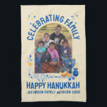 Chanukah FAMILY REUNION Custom Photo Name HANUKKAH Tea Towel<br><div class="desc">Stylish kitchen towel souvenir for HANUKKAH FAMILY REUNION with CUSTOMIZABLE PHOTO AND NAME. Ideal memento of your special family occasion. Design includes popular Chanukah elements including dreidel, menorah, latke, and Star of David, in blue and orange colorway. Upload your photo and personalise with your name and/or title of your event....</div>