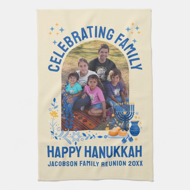 Chanukah FAMILY REUNION Custom Photo Name HANUKKAH Tea Towel (Vertical)