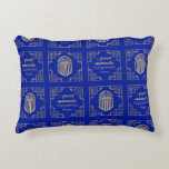 Chanukah/Hanukkah Art Deco Gold Dreidels Decorative Cushion<br><div class="desc">Hanukkah/Chanukah, Art Deco style, gold dreidels on blue background. Two sided pillow which comes in 3 fabric choices (price will change depending on choice of fabric.) Personalise front and back by deleting, text and adding your own. Use your favourite font size, style and colour. Background colour can be replaced by...</div>