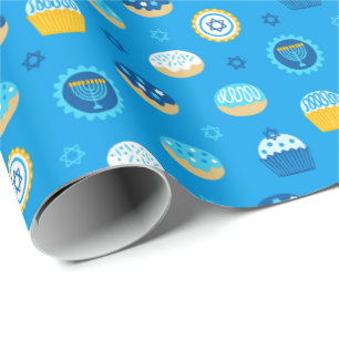 Chanukah Jewish Star Cupcakes Blue Jelly Doughnut Wrapping Paper