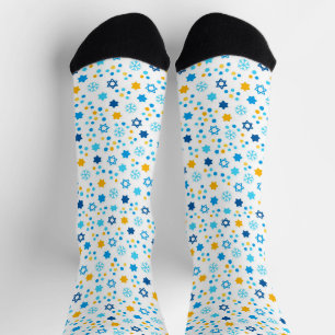 Chanukah Jewish Stars Snowflakes White Blue Gold  Socks