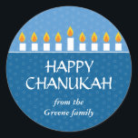 Chanukah Menorah Classic Round Sticker<br><div class="desc">Today's Best Award - September 14, 2010 Light the menorah and share your joy on Chanukah. A photocard that showcases your loved ones crowned by a fully-lit Chanukah menorah. All text is customisable and sits against panels of royal and light blue with a subtle circle pattern. Available in alternate colours...</div>