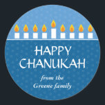 Chanukah Menorah Classic Round Sticker<br><div class="desc">Today's Best Award - September 14, 2010 Light the menorah and share your joy on Chanukah. A photocard that showcases your loved ones crowned by a fully-lit Chanukah menorah. All text is customisable and sits against panels of royal and light blue with a subtle circle pattern. Available in alternate colours...</div>