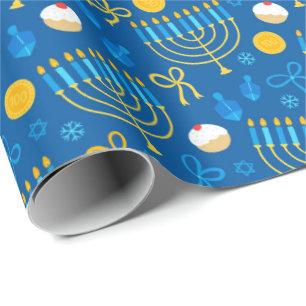 Chanukah Menorah Gelt Dreidel Blue Wrapping Paper