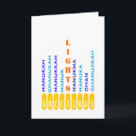 Chanukah Menorah in Words Card<br><div class="desc">This menorah is composed of "candles" made from the various spellings of Chanukah/Hanukkah... </div>