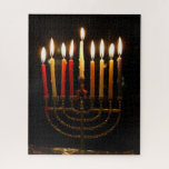 Chanukah menorah with lit candles jigsaw puzzle<br><div class="desc">It's Chanukah, the Jewish festival of lights. This simple menorah is lit with all the candles on the 8th and last night of Chanukah. Colourful wax candles of red and yellow light the darkness. Enjoy this puzzle during the long winter to rekindle happy memories of family tradition, rituals and togetherness....</div>