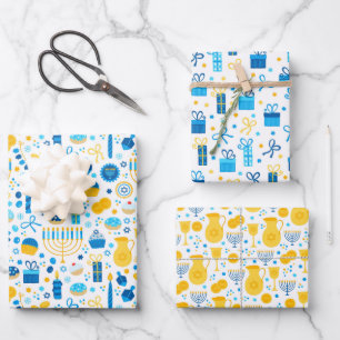 Chanukah Mixed Set of Menorah & Candles Patterns Wrapping Paper Sheet