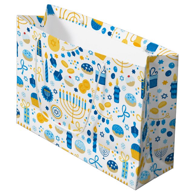 Chanukah Party Blue Gold White Large Gift Bag (Front Angled)