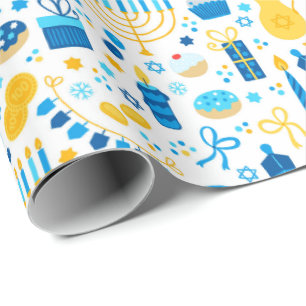 Chanukah Party Blue Gold White Menorah Gelt Cookie Wrapping Paper