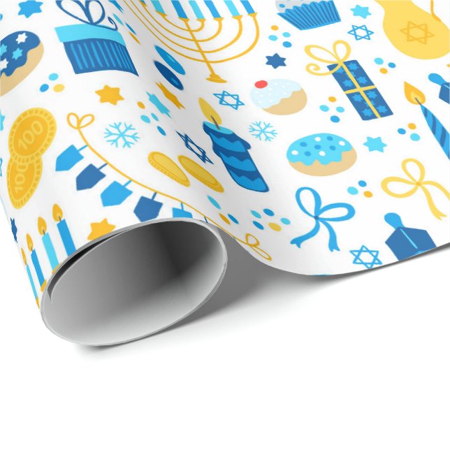 Chanukah Party Blue Gold White Menorah Gelt Cookie Wrapping Paper (Roll Corner)