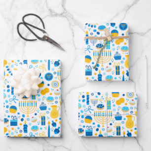 Chanukah Party Blue Gold White Menorah Gelt Cookie Wrapping Paper Sheet