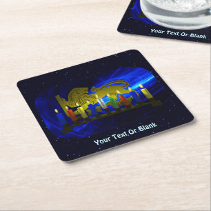 Chanukkah Brass Lion Menorah Square Paper Coaster