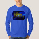 Chanukkah Brass Lion Menorah T-Shirt<br><div class="desc">Features a digital 3D reproduction of a brass,  lion-themed menorah,  made in Israel circa 1950,  on a blue fractal background.  Shown with lit candles.</div>