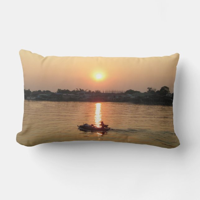 Chao Phraya River Sunset ... Ayutthaya, Thailand Lumbar Cushion (Front)
