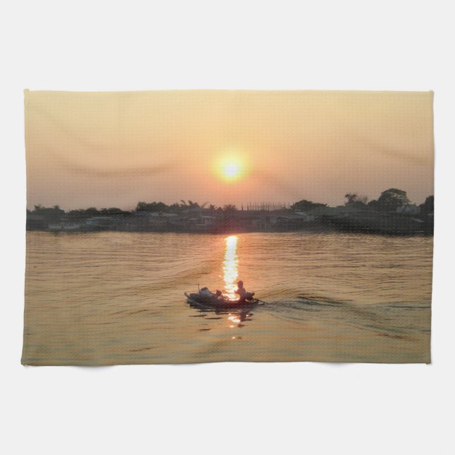 Chao Phraya River Sunset ... Ayutthaya, Thailand Tea Towel (Horizontal)