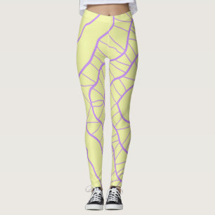 Chaos Abstract Yellow with Purple Wavy Lines Leggings