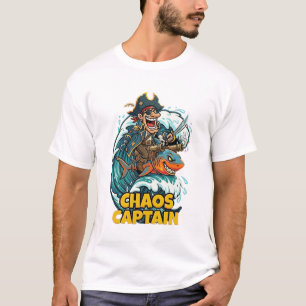 Chaos Captain Pirate Riding Shark Funny T-Shirt