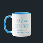 Chaos Coordinator Blue Typography Personalised Mug<br><div class="desc">Chaos Coordinator Blue Typography Personalised Coffee Mug features a simple design of the text "chaos coordinator (your name) fuelled by coffee" in a fun blue calligraphy script with your personalised name below. Personalise by editing the text in the text box provided. Perfect for that busy mum, teacher, sports team manager...</div>