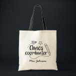 Chaos Coordinator Funny Teacher Tote Bag<br><div class="desc">This funny tote bag is perfect for Teachers a.k.a. Chaos Coordinators! Starring cute classroom elements - pencil and a paper rocket,  this design can be personalised to add the teacher's name. Great as a gift for teacher appreciation,  back to school or as an end of the year gift. ©TeacherTribeMerch</div>