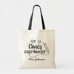 Chaos Coordinator Funny Teacher Tote Bag<br><div class="desc">This funny tote bag is perfect for Teachers a.k.a. Chaos Coordinators! Starring cute classroom elements - pencil and a paper rocket,  this design can be personalised to add the teacher's name. Great as a gift for teacher appreciation,  back to school or as an end of the year gift. ©TeacherTribeMerch</div>