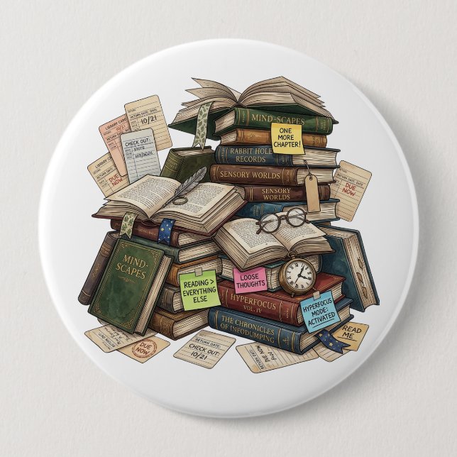 Chaotic Academia ADHD Hyperfocus Book Stack 10 Cm Round Badge (Front)
