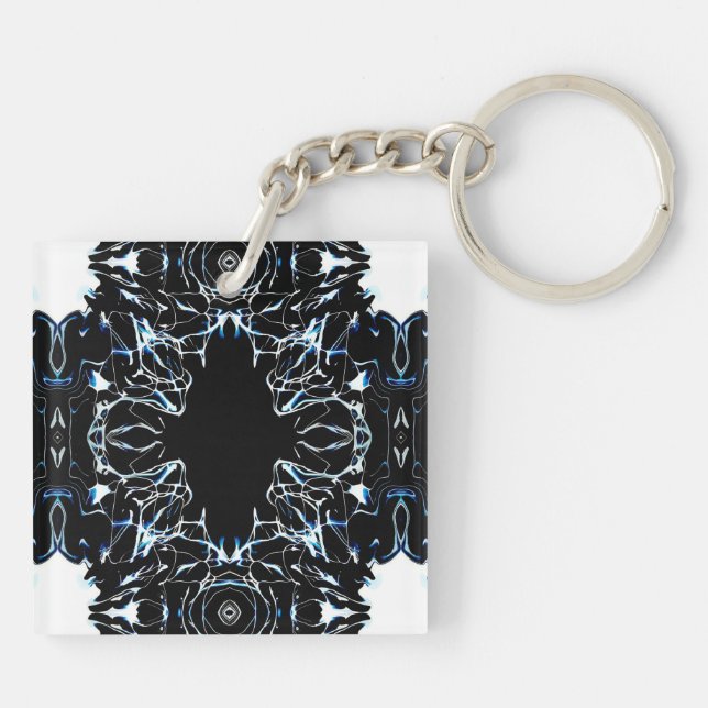 Chaotic Blue Abstract Acrylic Paint Pour Fluid Art Key Ring (Back)