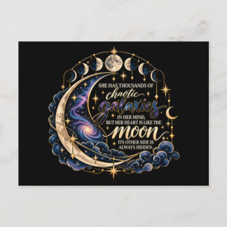 Chaotic Galaxies & Moon Phase Celestial Literary Postcard