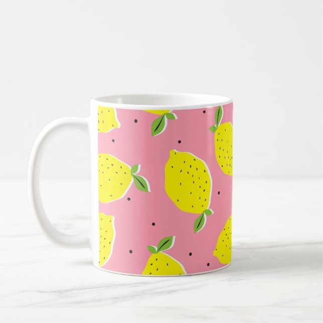 Chaotic Lemons Pink Polka: Citrus Pattern Coffee Mug (Left)