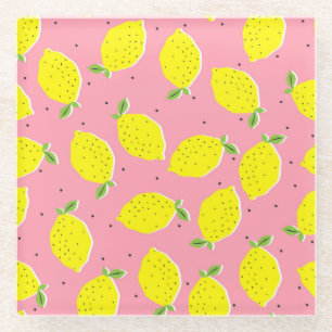 Chaotic Lemons Pink Polka: Citrus Pattern Glass Coaster