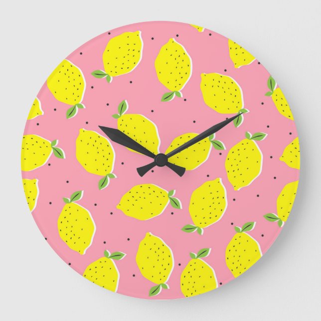 Chaotic Lemons Pink Polka: Citrus Pattern Large Clock (Front)