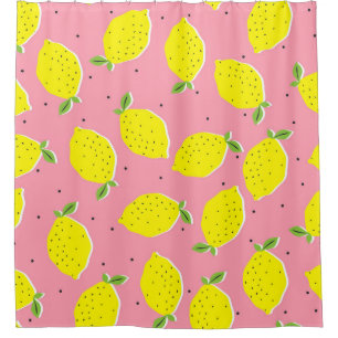 Chaotic Lemons Pink Polka: Citrus Pattern Shower Curtain