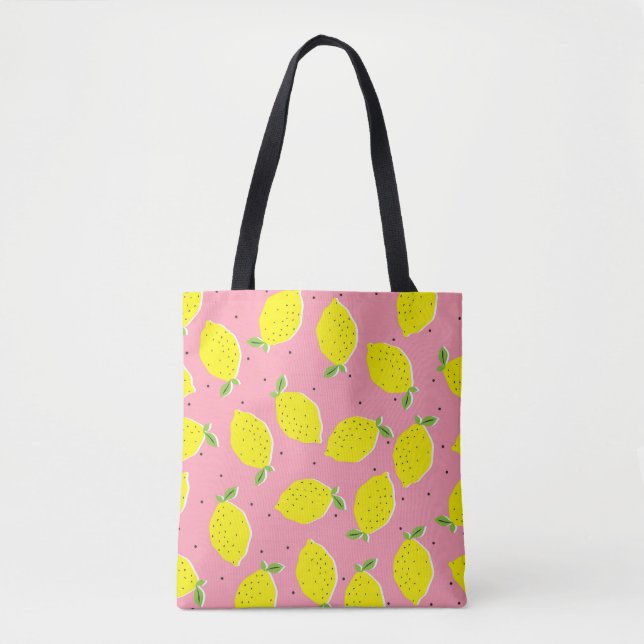Chaotic Lemons Pink Polka: Citrus Pattern Tote Bag (Front)
