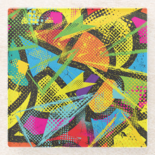 Chaotic Neon: Abstract Graffiti Pattern. Glass Coaster
