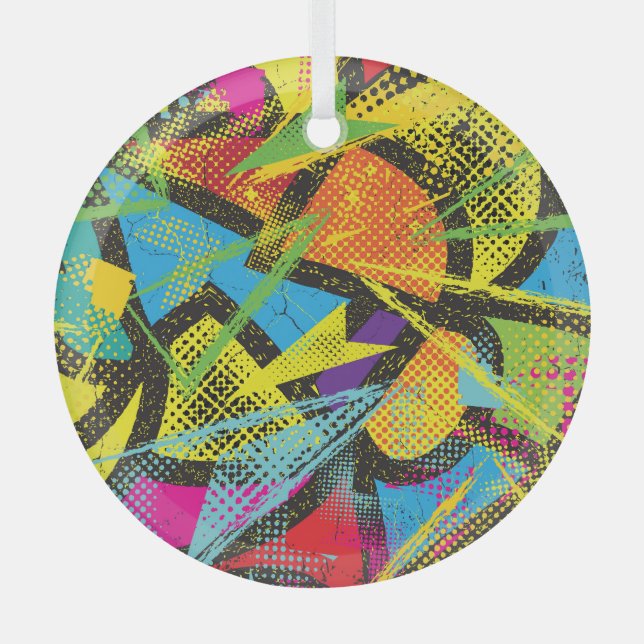 Chaotic Neon: Abstract Graffiti Pattern. Glass Tree Decoration (Front)