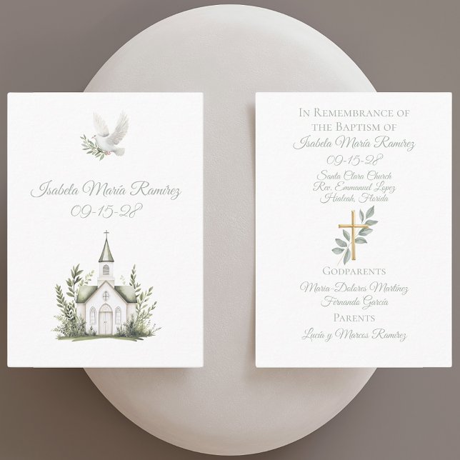 Chapel baptism white dove, green remembrance card (Creator Uploaded)