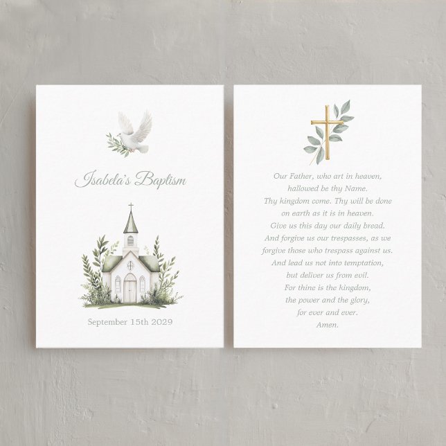 Chapel Paptism White Dove, Green Prayer Card (Baptism Lord's prayer Card - white chapel)
