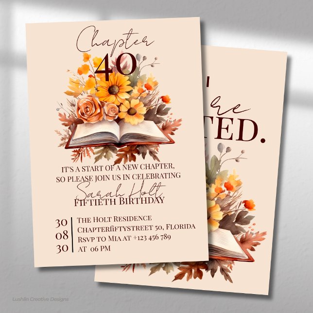 Chapter 40 Birthday – Open Book with Fall Flowers Invitation (Creator Uploaded)