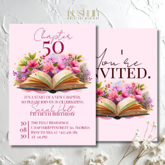 Chapter 50 Birthday – Open Book with Pink Flowers Invitation